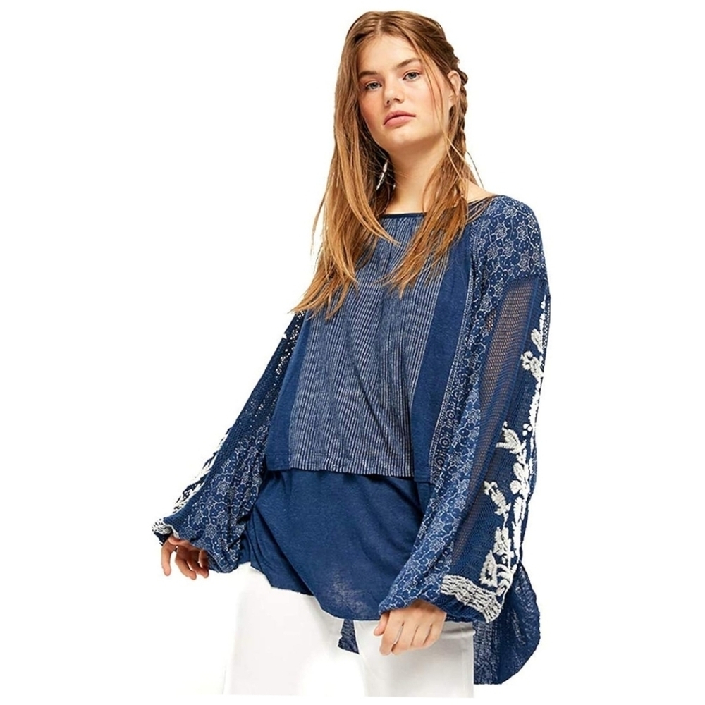 Free People Indigo Dreams Embroidered Tunic Batwing Sleeves Stripe Floral Blue-M